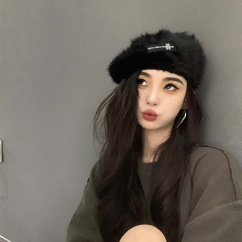 Mũ Beret Lông Thỏ Màu Đen Thời Trang Mùa Đông Cho Nữ