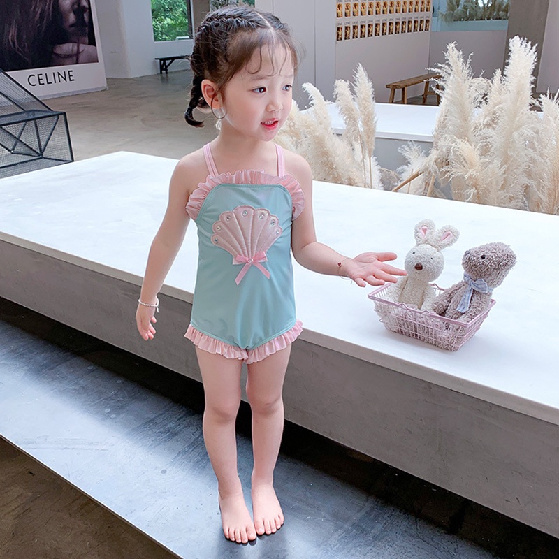 Bộ Đồ Bơi Phối Ren Thêu Hình Vỏ Sò Dễ Thương Cho Bé Gái