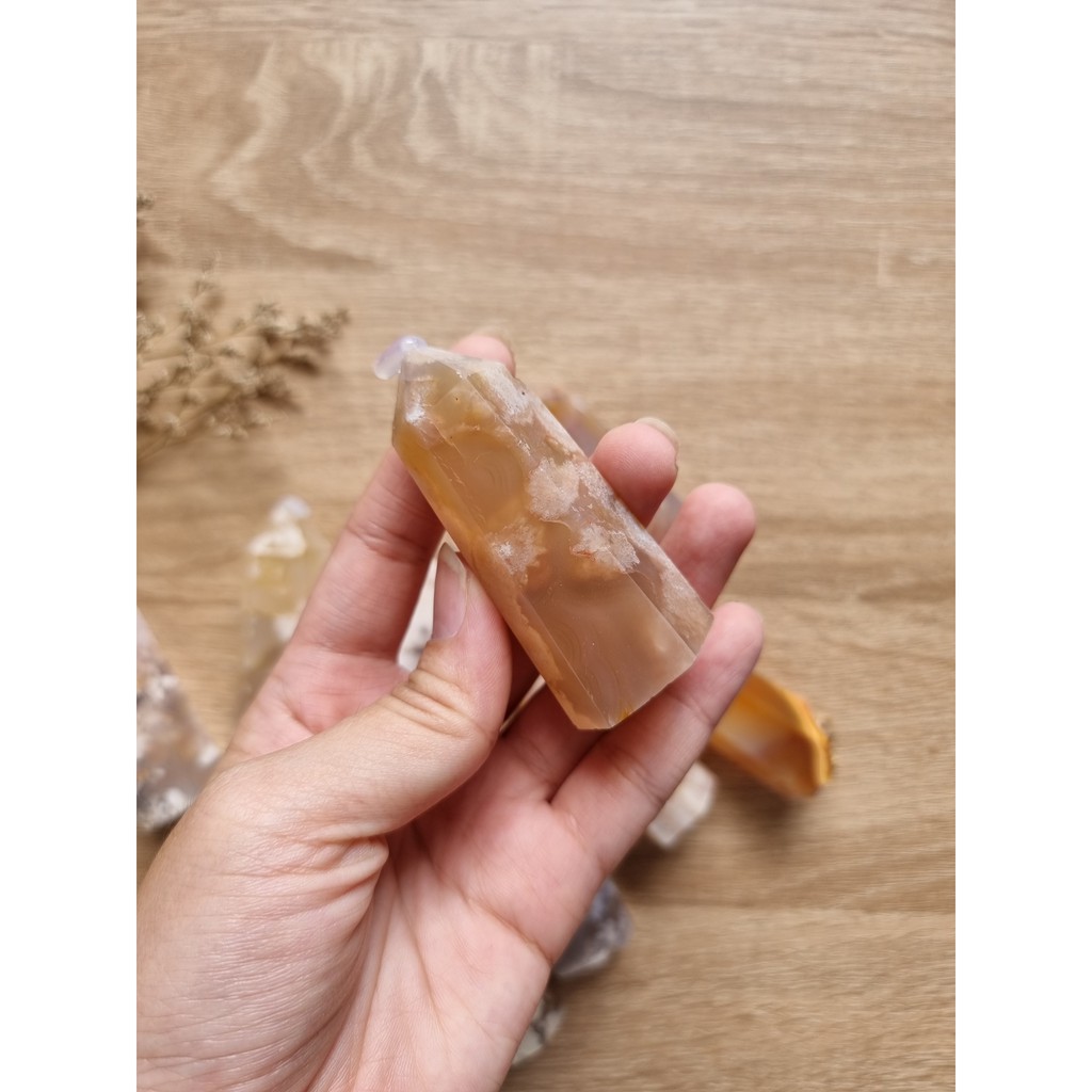 Trụ đá thanh tẩy mã não hoa anh đào (Blossom Agate), dùng trong Tarot, Reiki, thiền định, trụ phong thủy