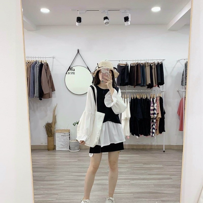 Áo kiểu phối gile đen hàn quốc