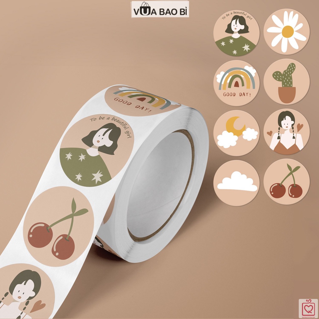 Cuộn 500 Sticker tròn niêm phong dán hộp túi đóng hàng TE03, decal nhãn dán trang trí bao bì dễ thương