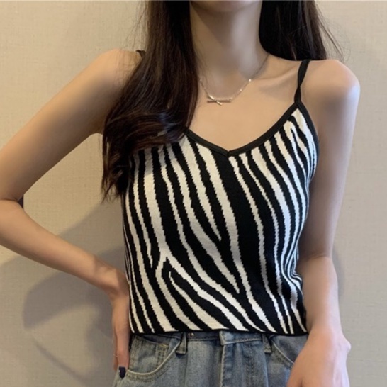 Áo Hai Dây Dệt Kim Ôm Dáng Họa Tiết Ngựa Vằn Thời Trang Mùa Hè Cho Nữ