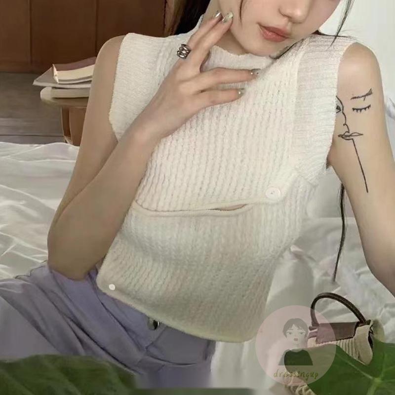 Áo Dệt Kim Sát Nách Màu Trơn Cổ Cao Thời Trang Mùa Hè Cho Nữ