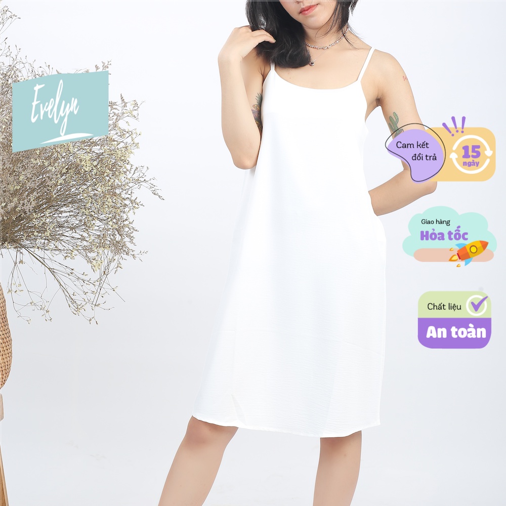 Váy 2 dây Evelyn đầm xuông chất đũi lụa trơn basic nữ