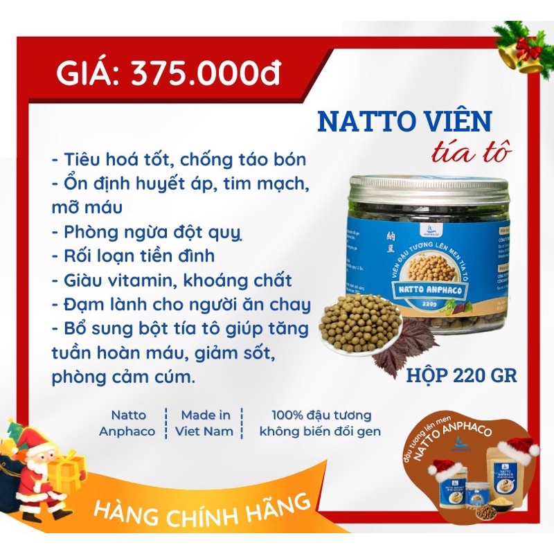 Natto viên tía tô Anphaco - Đậu tương/ đậu nành lên men kiểu Nhật, bổ sung thêm bột tía tô, giàu Nattokinase - hộp 220g