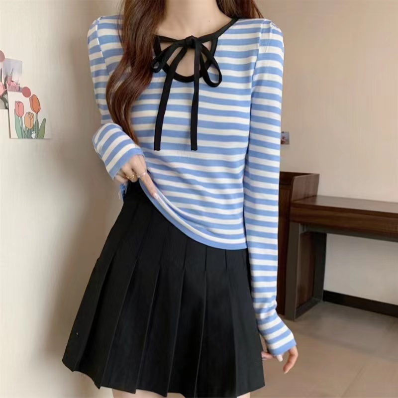 【ZHELIHANGFEI】Áo Dệt Kim Tay Dài Lưng Cao Kẻ Sọc Cá Tính Thời Trang