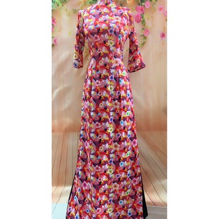 BỘ ÁO DÀI MAY SẴN LỤA TƠ GIÃN - HOA HỒNG ĐỎ-SIZE 38/XL (LẺ SIZE)