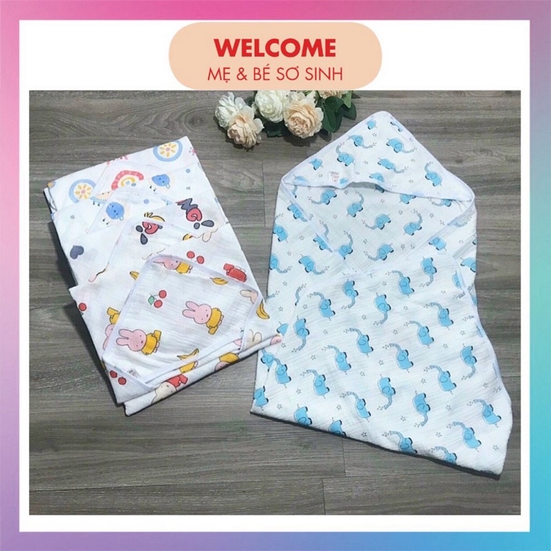 Khăn ủ xô sơ sinh, ủ choàng cotton 4 lớp, khăn tắm có mũ cho bé. Khăn quấn ủ xô vuông Organic cho bé sơ sinh