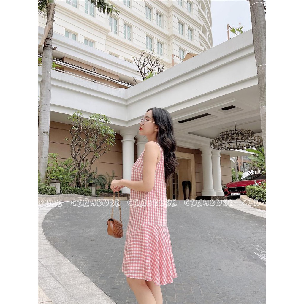 Đầm suông xòe đuôi cá caro sát nách 0611