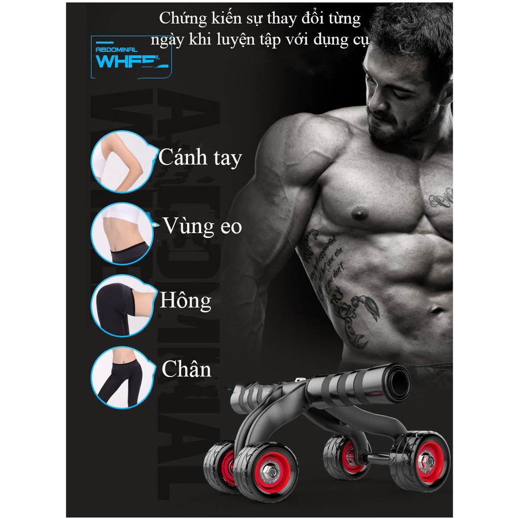 Con Lăn Tập Bụng 4 Bánh - Máy Tập Cơ Bụng Tặng Kèm Thảm Tập - Dụng Cụ Tập Gym Tại Nhà Tập Bụng Eo Mông