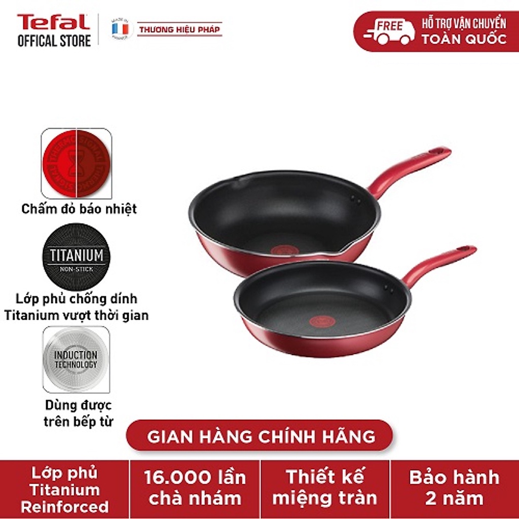 Bộ 2 Chảo chiên, Chảo chiên sâu lòng Tefal So Chef 24-28 cm - Dùng mọi loại bếp - Chấm đỏ báo nhiệt thông minh - Hàng ch