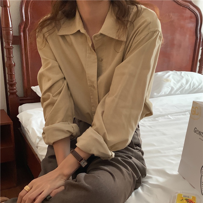 SUXI Áo Sơ Mi Dài Tay Màu Sắc Đơn Giản Phong Cách Hàn Quốc