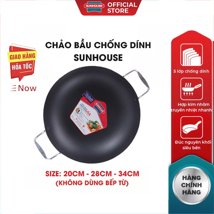 Chảo chống dính bầu SUNHOUSE SHG1220R-SHG1234R-2022 chảo sâu lòng hợp kim nhôm tay cầm chịu nhiệt chống trầy xước