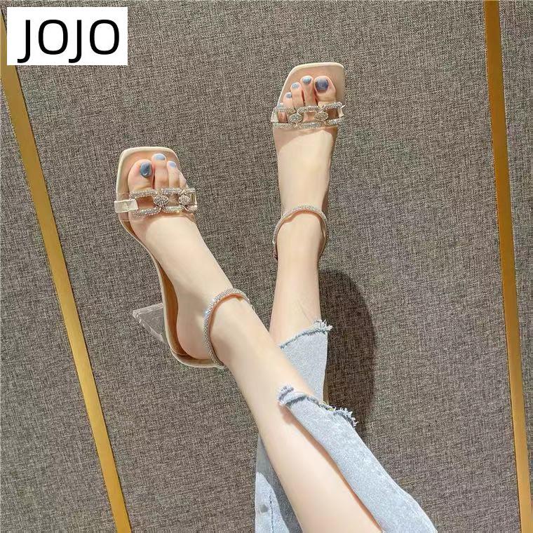 Giày Sandal Mũi Vuông Trong Suốt Đính Đá Phối Khóa Cài Thời Trang Mùa Hè Dành Cho Nữ