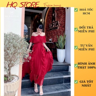 [Maxi] Đầm Maxi Đi Biển Voan Dập Li Bẹt Vai, Váy Dáng Dài Chéo Cổ Dây Kéo Hở Lưng - Maxi HQ store