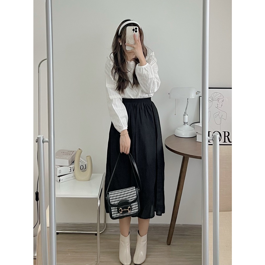 Chân váy midi 2 tầng voan tơ , chân váy voan tơ 3 màu cơn bản , nâu , đen , be