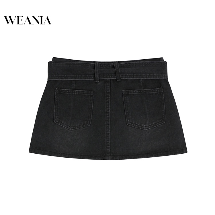 Chân Váy Denim Lưng Thấp Màu Trơn Phối Thắt Lưng Kiểu Hàn Quốc Cá Tính