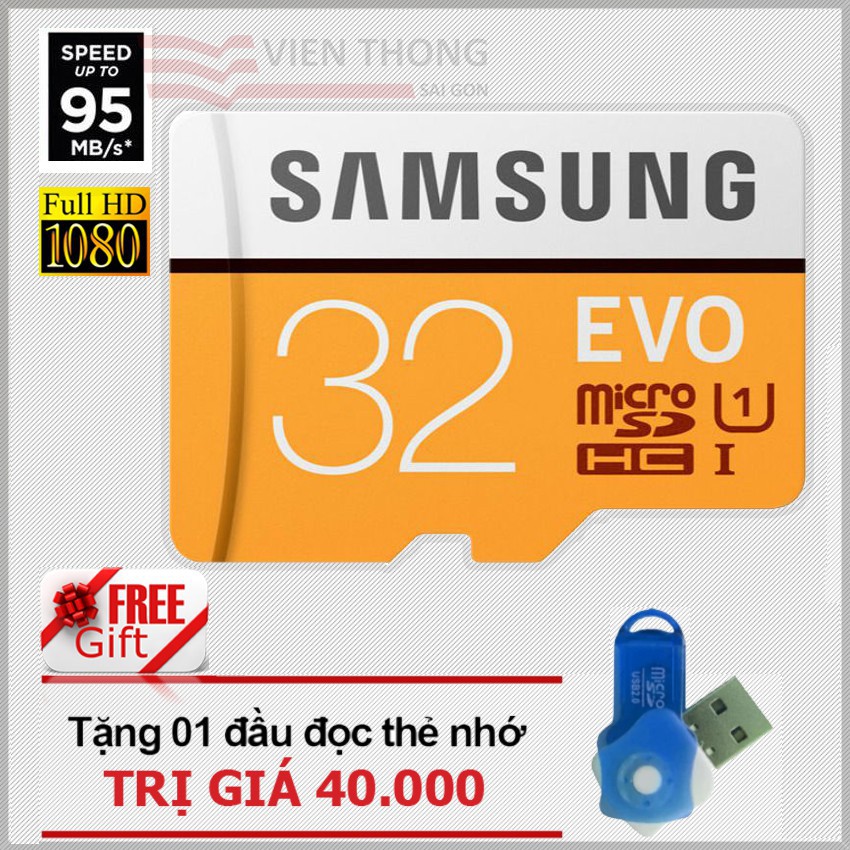 Thẻ nhớ 32GB Samsung up to 95MB/s EVO MicroSDHC Tốc độ cao (Cam) tặng đầu đọc thẻ nhớ micro (ngẫu nhiên)