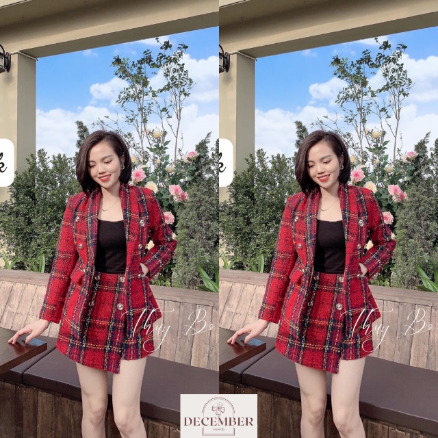 Set dạ tweed đỏ áo khoác phối chân váy xẻ tà, Set dạ 2 món, Set dạ đỏ- December Fashion