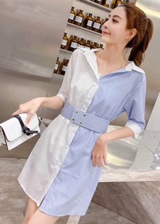 Đầm sọc xanh phối trắng kèm belt (kèm hình thật)