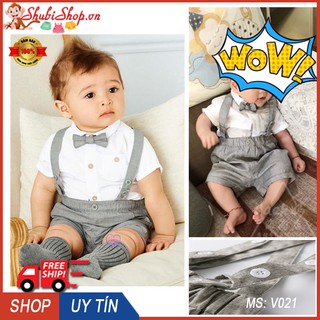 SET YẾM ÁO SƠ MI KÈM NƠ CHO BÉ TRAI 6-16KG