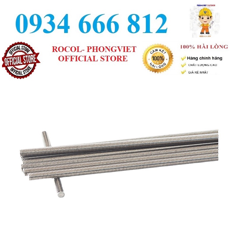 1m Thanh ren inox304 M4, M5, M6, M8, M10,M12