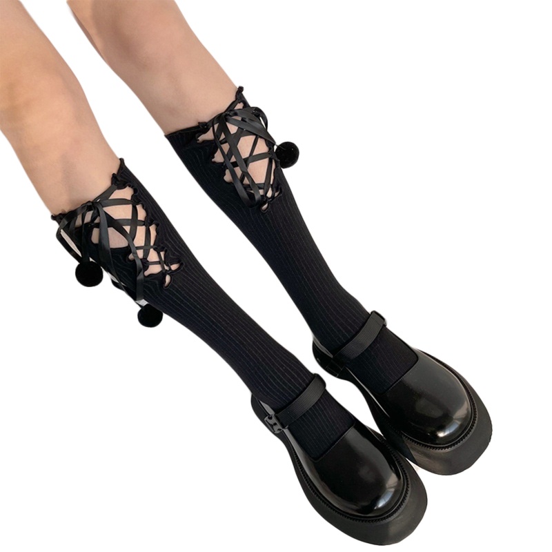 Xiangbao Tất Bắp Chân Cotton Có Gân Đính Nơ Chéo Rỗng Phong Cách Lolita Cho Nữ Hàng Có Sẵn