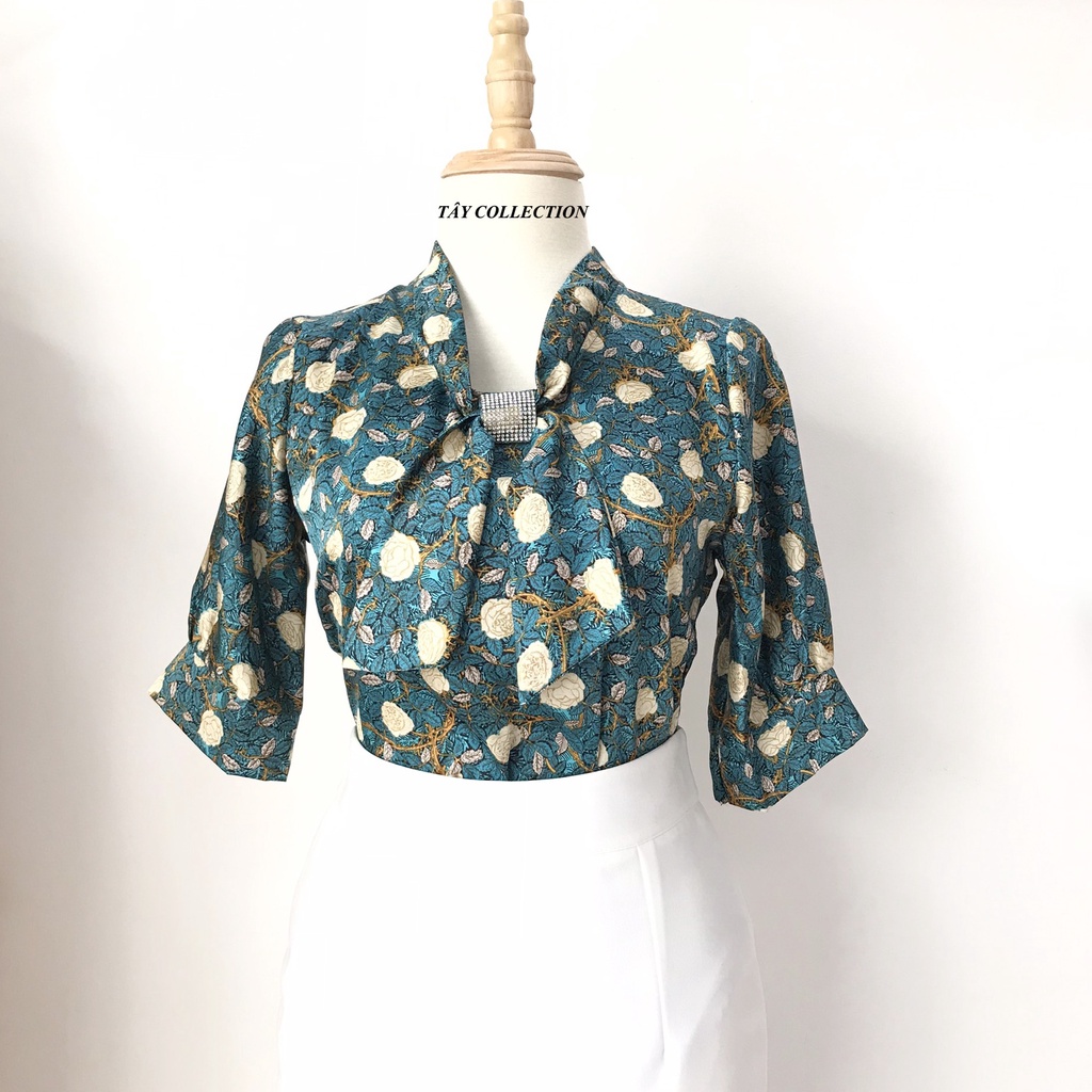 Áo sơ mi nữ Cottong lụa phối cổ nơ bản to thanh lịch và thời thượng Tây Collection