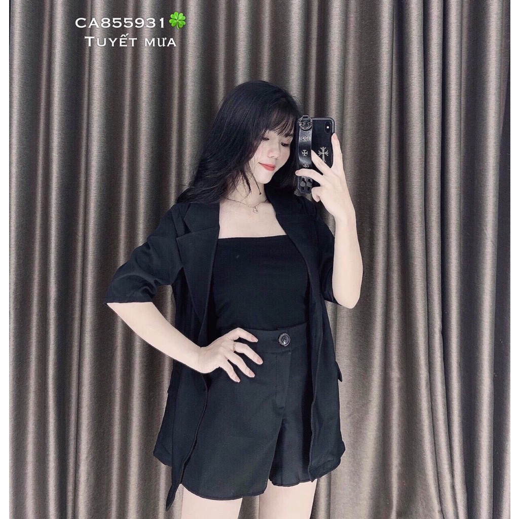 Vest nữ 3 món màu trắng đùi ngắn tay lỡ vải kaki phong cách Hàn Quốc LINHNASTORE | BigBuy360 - bigbuy360.vn