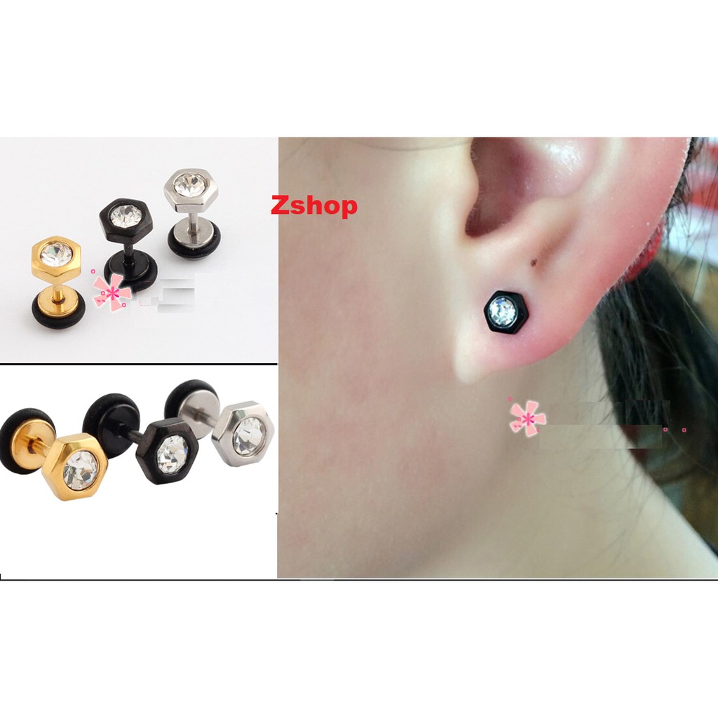 Khuyên Tai thép titan Lục giác đính kim MJ11