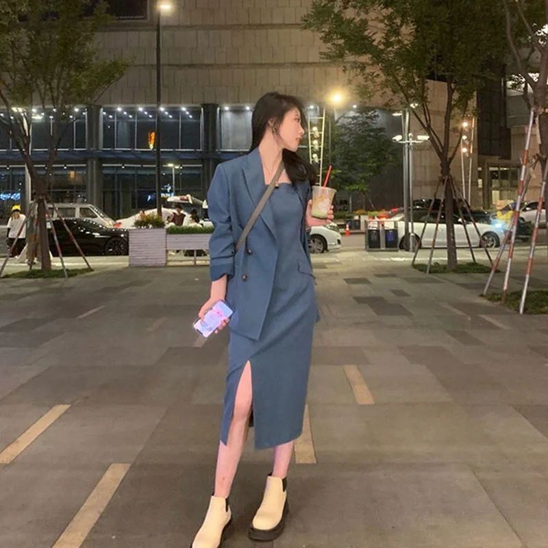 Bộ Áo Khoác Suit Và Đầm Ôm Dáng Thời Trang Mùa Xuân 2022 Phong Cách Pháp Thanh Lịch Dành Cho Nữ