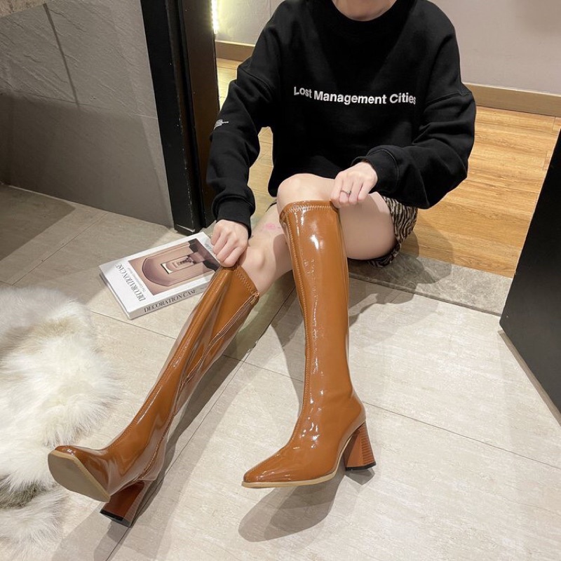 Bốt đùi nữ da bóng cao 7 phân có 3 mầu - kéo khóa cạnh