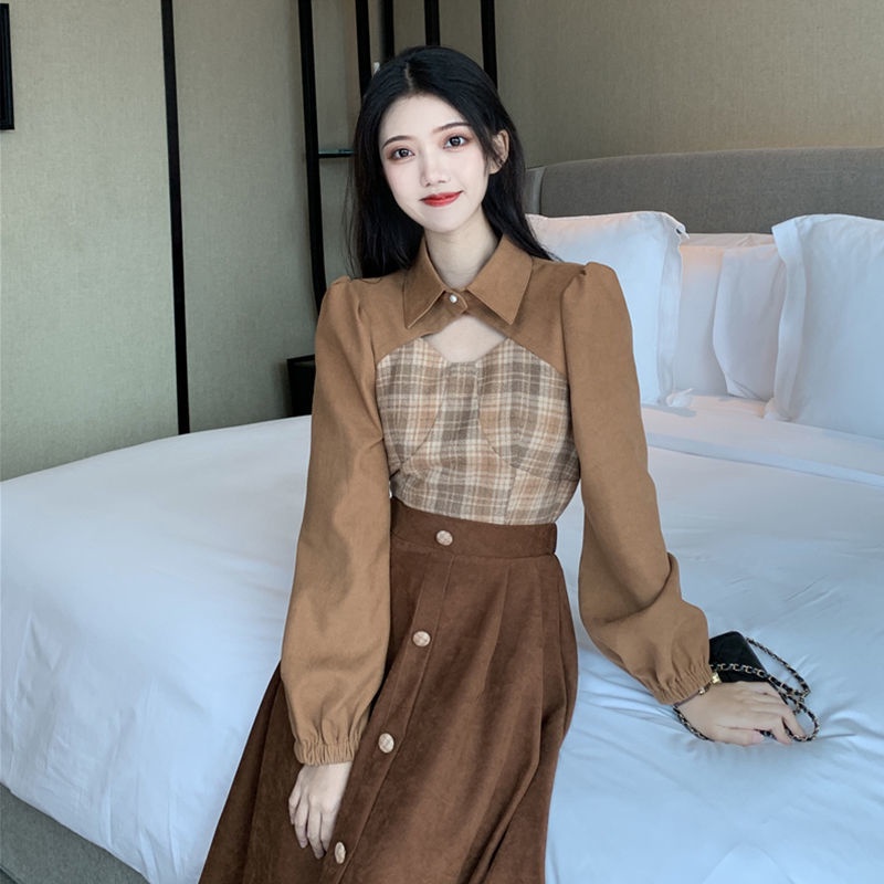 Set áo sơ mi dáng ngắn phối chân váy lưng cao thời trang cho nữ