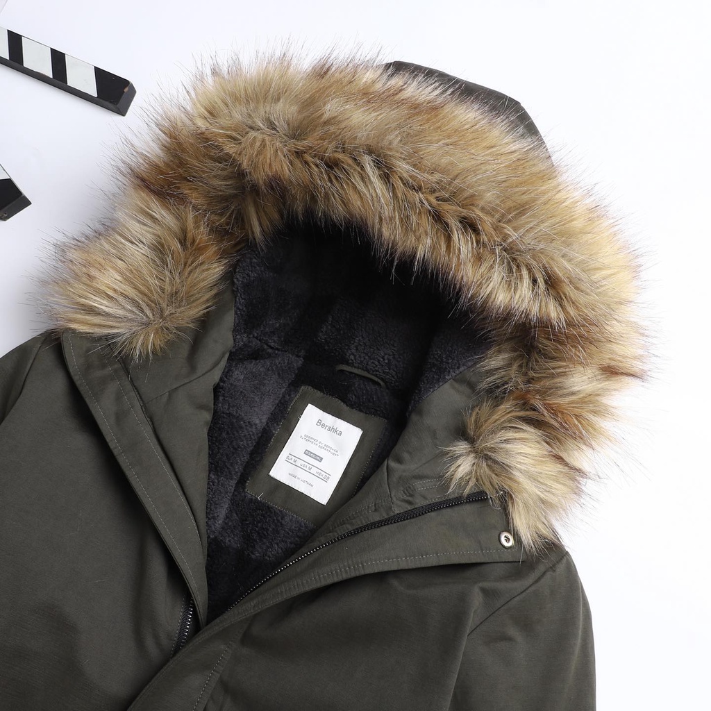 Áo khoác nam có mũ lông đẹp, Parka lông cừu Xuất Hàn Quốc hiệu Ber.shka!