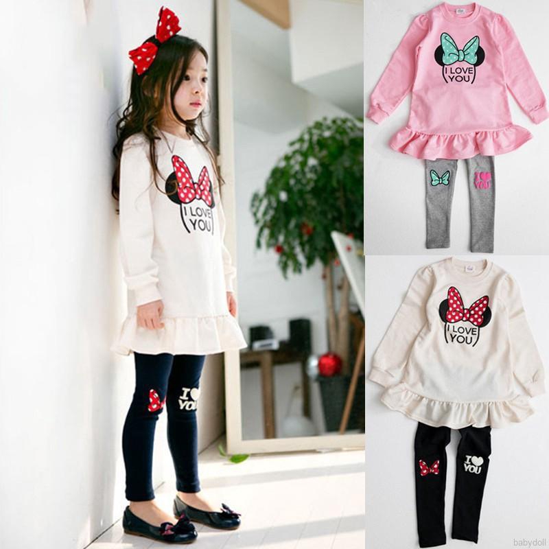 Set quần áo dài tay họa tiết chuột Minnie đáng yêu cho bé gái