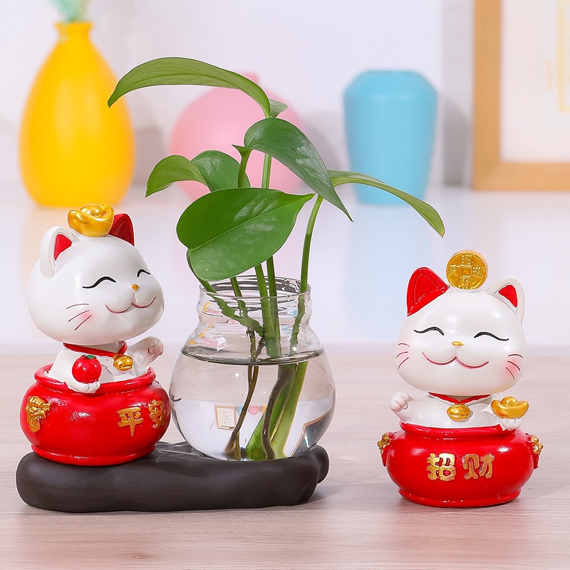 Bộ tượng mèo may mắn kèm bình thủy tinh trồng cây trang trí bàn học, góc làm việc giúp thư giãn cho người sử dụng