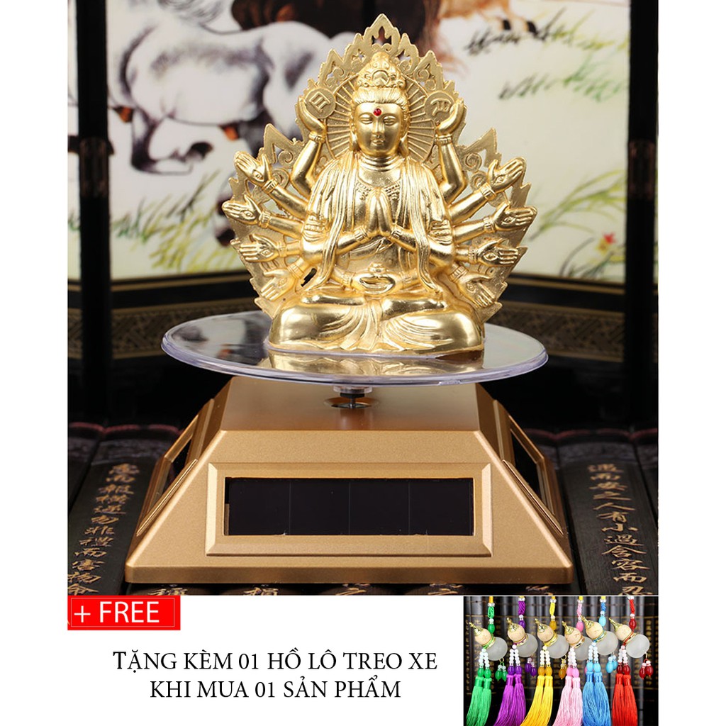 Tượng Phật Bà Quan Âm nghìn tay bằng hợp kim mạ vàng để xe ô tô + Có tặng kèm đế xoay chạy năng lượng mặt trời
