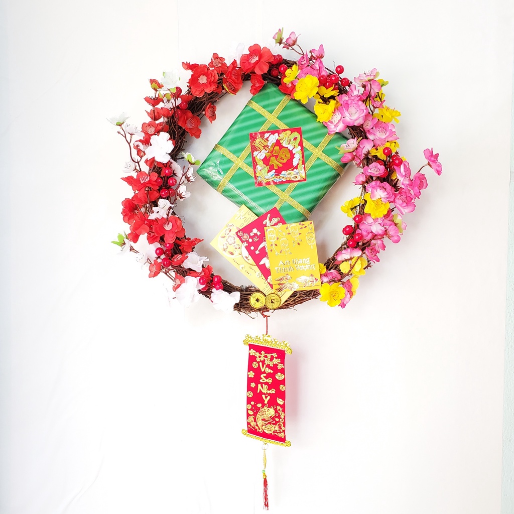 Vòng hoa mai đào trang trí tết mẫu H19 đường kính 40cm