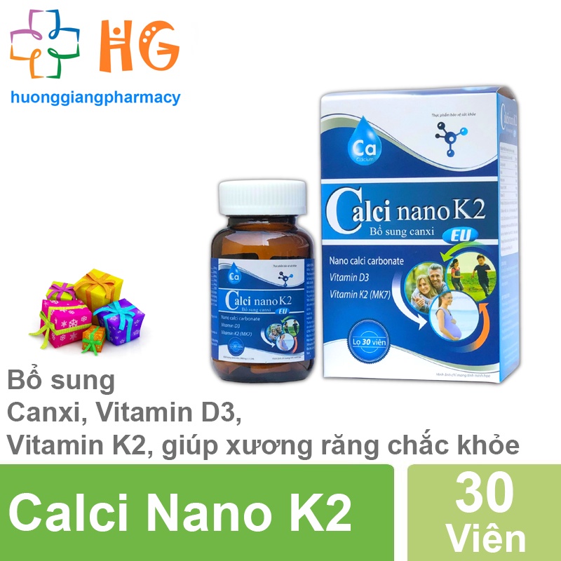 Calci nano K2 bổ sung calci vitamin D3 giúp xương răng chắc khỏe hỗ trợ làm giảm nguy cơ còi xương ở trẻ nhỏ Lọ 30 viên