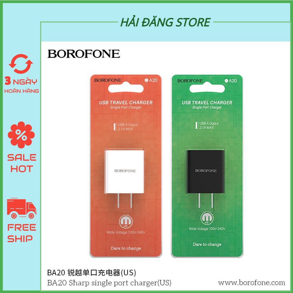 Củ sạc nhanh ip samsung xiaomi chính hãng Borofone BA20 - Cốc sạc nhanh cho dòng máy điện thoại bảo hành 12 tháng
