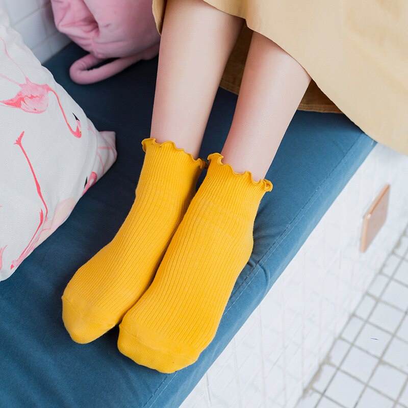 Thời Trang Vớ Cotton Mềm Màu Trơn Phối Ren Nhún Bèo Dễ Thương Chất Lượng Cao Cho Nữ