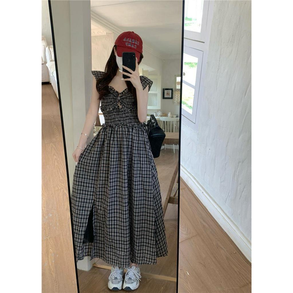 Đầm Dài Trễ Vai Dáng Chữ A Họa Tiết Sọc Caro Đính Nơ Xinh Xắn Thời Trang