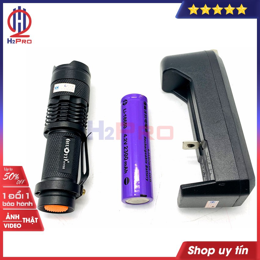 Đèn pin LED siêu sáng mini pin sạc HY-68 H2Pro hàng hãng-cao cấp-ống zoom-200lumen,chống thấm nước 3 chế độ sáng trắng