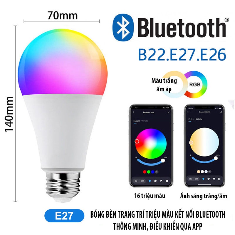 Bóng đèn thông minh Bluetooth/wifi điều chỉnh ánh sáng,16 triệu màu,trợ lý giọng nói Google/Alexa sử dụng app Smart life