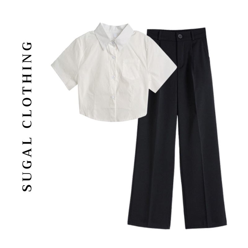 Áo Sơ Mi Nữ Croptop Ngắn Tay Phối Quần Cạp Cao Ống Rộng Thời Trang Sugal SO MI NU 009 + QUAN NU 003