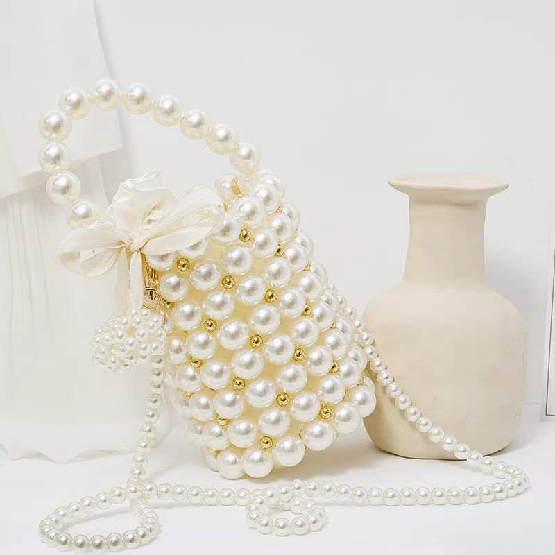 Túi xách tay kết đan hạt cườm giả ngọc trai handmade hình tròn độc đáo