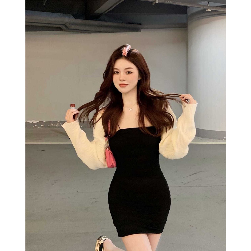 Happy-store  Đầm Ôm hai dây trễ vai Dáng Màu Trơn Thời Trang Mùa Hè Phong Cách Hàn Quốc Cho Nữ