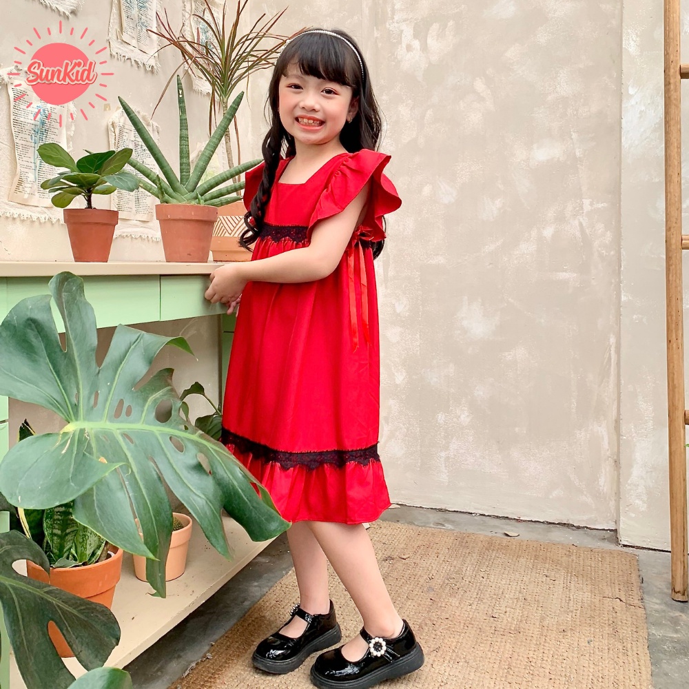 Váy đầm bé gái đỏ/ hồng dáng suông bèo tay vải trượt nhật cao cấp mùa hè Sunkid SN10 size trẻ em 4-12 tuổi