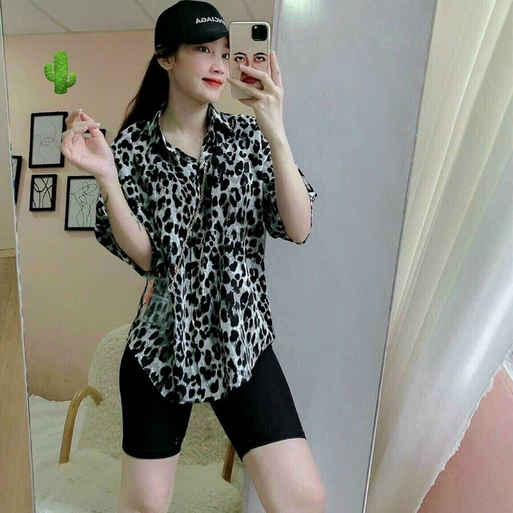 Áo Sơ Mi Da Báo Xám Cổ Trụ Ngắn Tay Dễ Thương TTPK0363