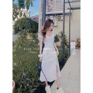 váy trắng chấm bi cổ v xẻ tà nhún ngực quyến rũ kèm ảnh thật